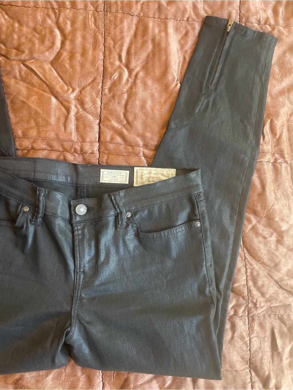 AllSaints Brodie Low-Rise Cropped Skinny  Black Coated Jeans Zip Heel W29